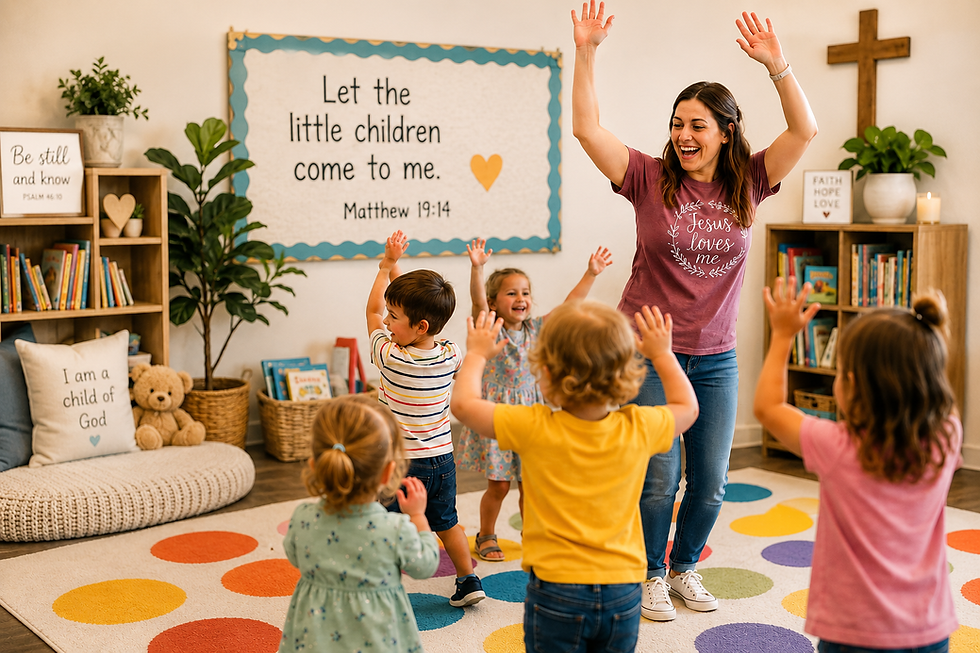 Christian preschool teacher leading an active learning activity with toddlers in a colorful classroom. Children raise their hands and move together on a bright polka-dot rug, demonstrating movement-based learning in a faith-centered early childhood environment. Bookshelves, plants, and a Bible verse create a warm and welcoming classroom atmosphere.