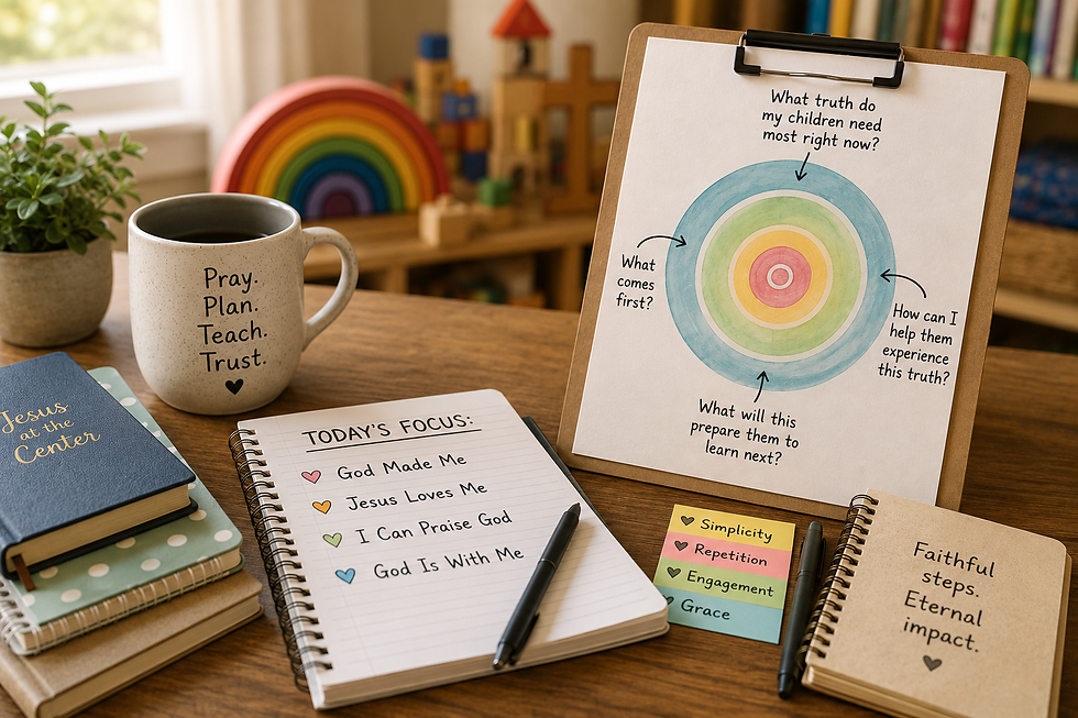 A warm and inviting children's ministry planning workspace featuring a Bible, notebooks, colorful classroom materials, and a clipboard displaying questions about curriculum development. A coffee mug sits beside lesson-planning notes focused on foundational Bible truths such as "God Made Me" and "Jesus Loves Me." The cozy classroom setting includes educational toys and a rainbow in the background, illustrating the thoughtful process of creating age-appropriate Christian curriculum for young children.