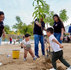 Families and municipal workers planting young native trees and watering dry soil at a renewed community park in the Rosarito neighborhood, Los Cabos.