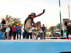 Young skaters performing tricks during the opening contest of the newly rehabilitated sports area at CECYTE in La Paz, 2026.