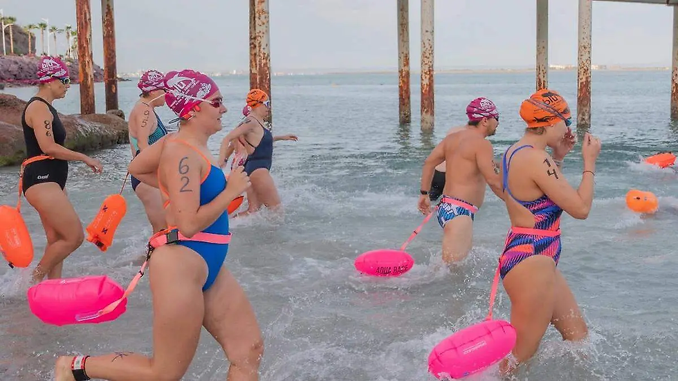 Grupo de nadadores con gorras de natación de colores brillantes y trajes de neopreno cruzando el agua turquesa de la bahía de La Paz durante una competencia.