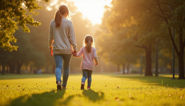 Eye-level view of a mother and daughter walking hand-in-hand in a sunlit park