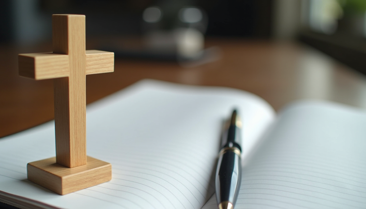 Eye-level view of a wooden cross standing on a desk beside an open notebook and pen