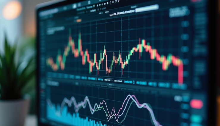 Eye-level view of a computer screen showing stock charts and trading software