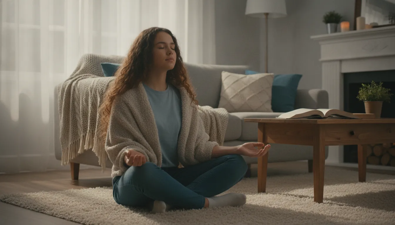 Teen girl doing a calming deep breathing exercise in a cozy living room