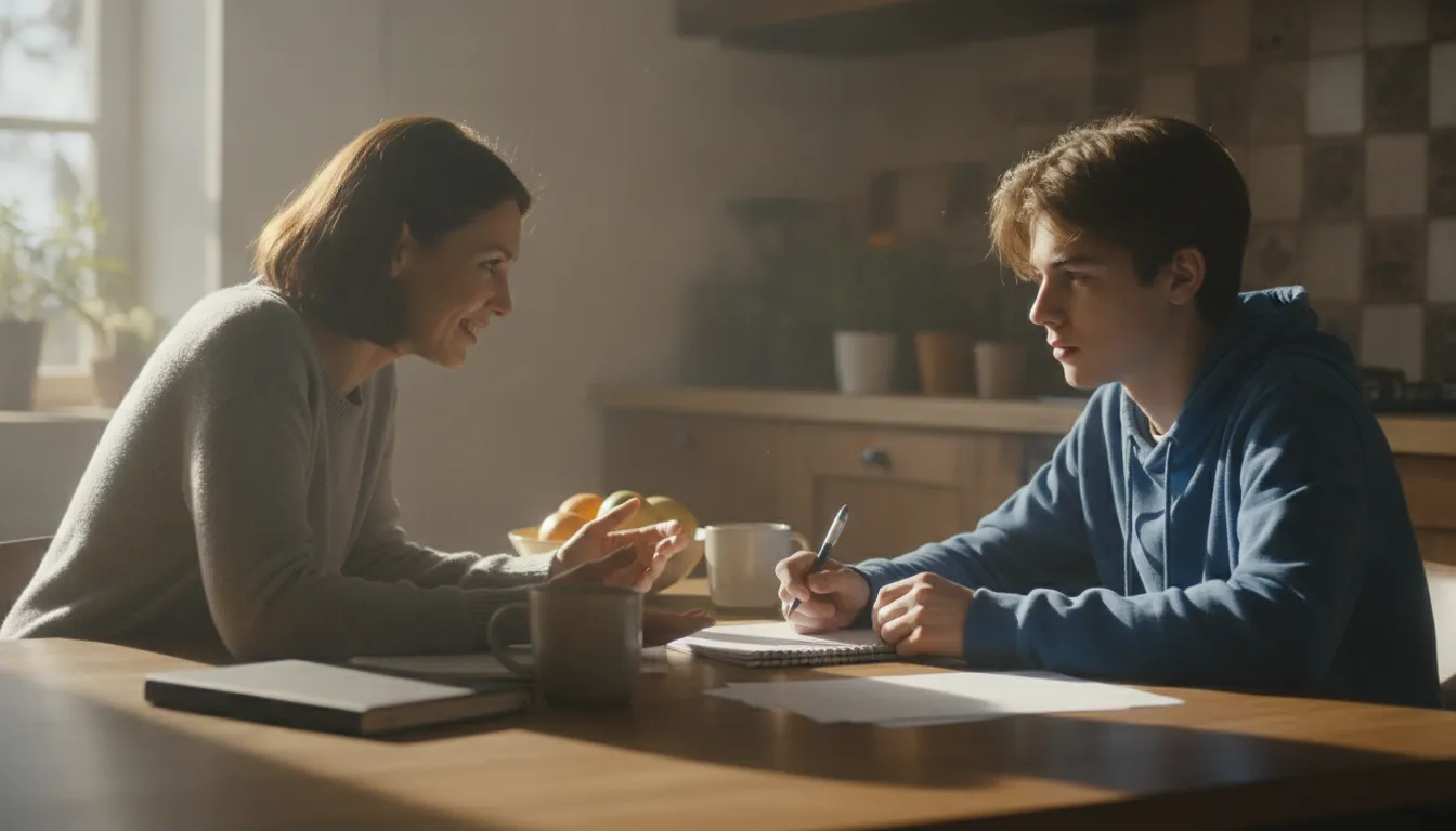 Parent and teenage son having a supportive conversation at a table with notebooks