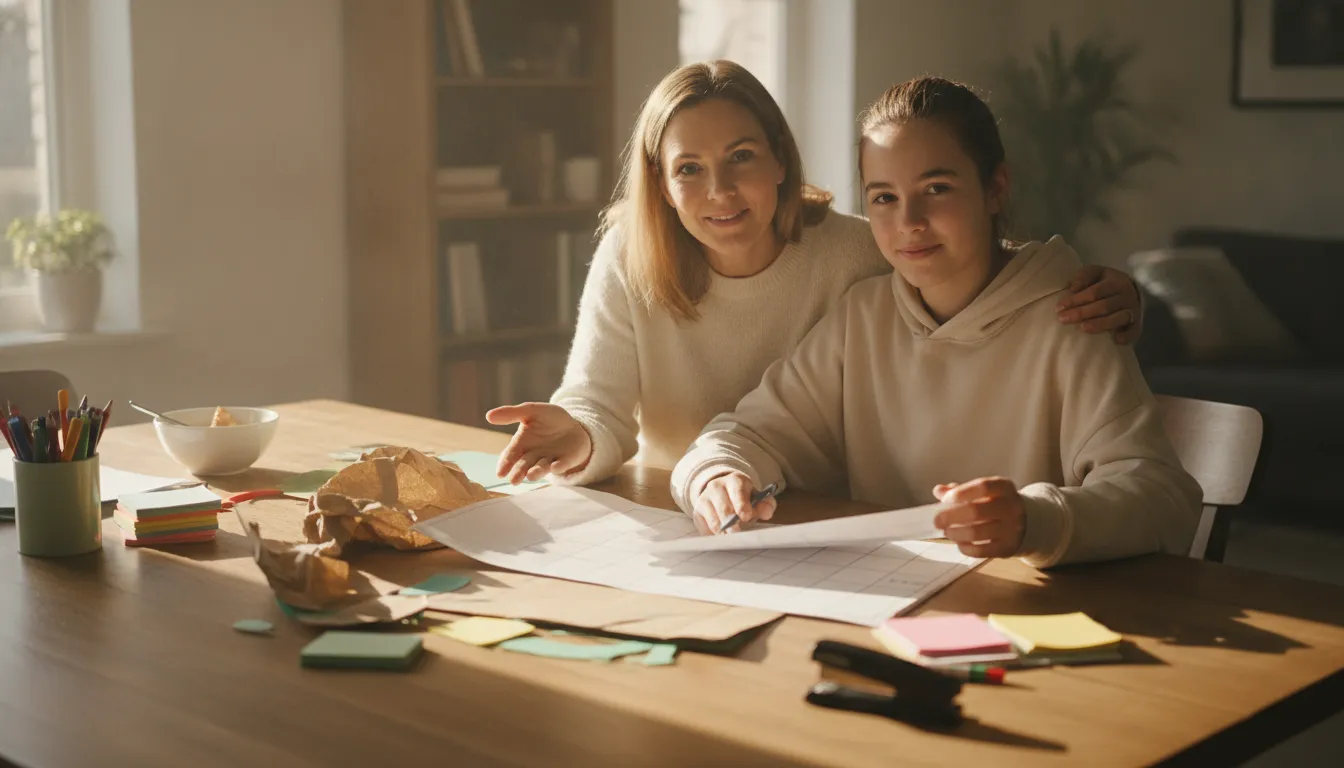 Parent and teenager calmly breaking a large school project into small written steps at a kitchen table