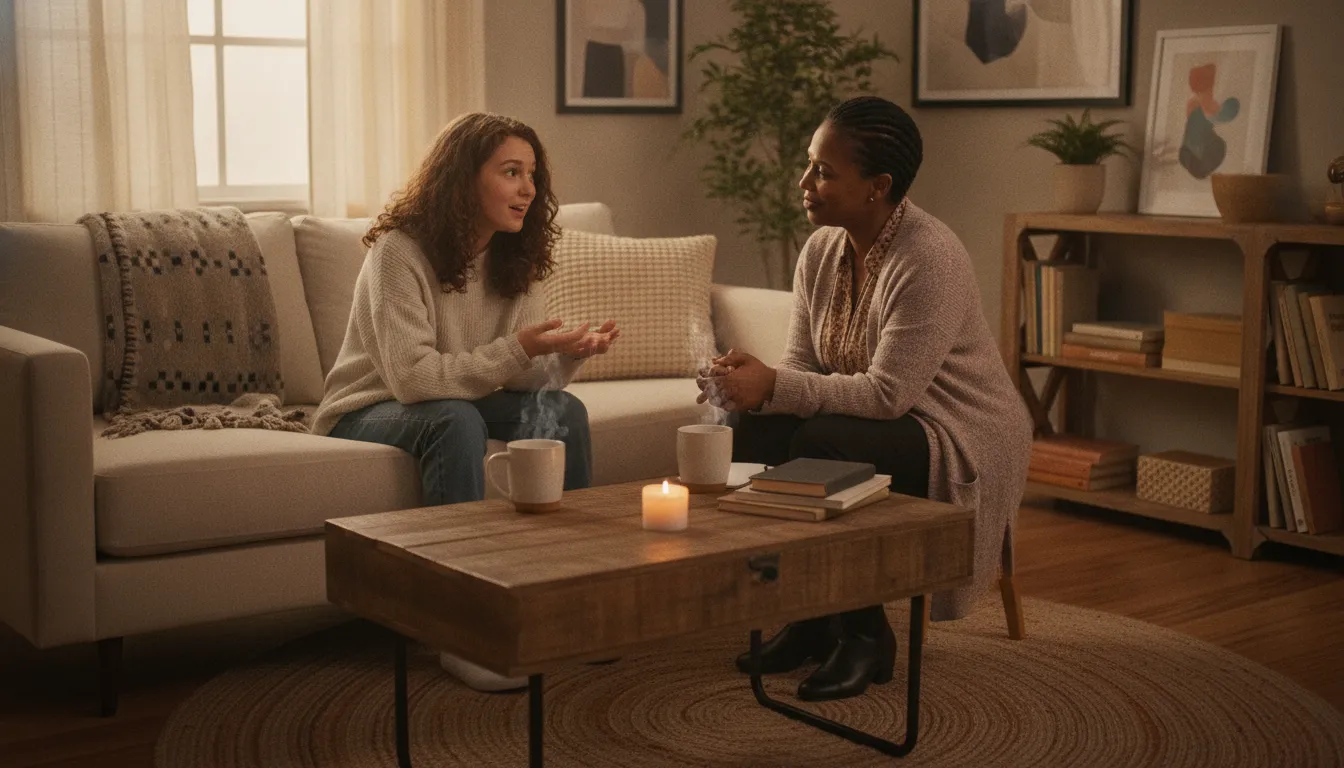 A life coach talking with a teenager in a warm, supportive setting