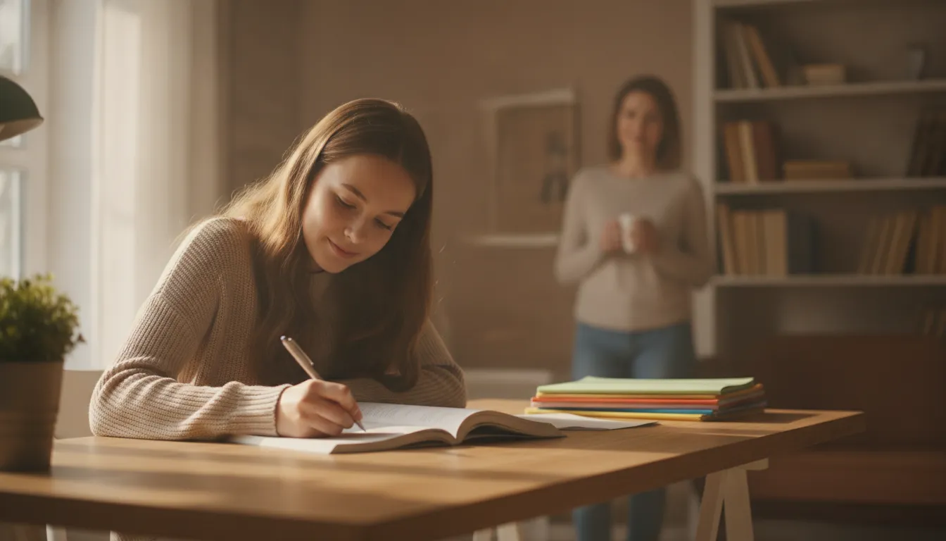 Teen using a simple paper checklist and timer while working independently at an organized desk