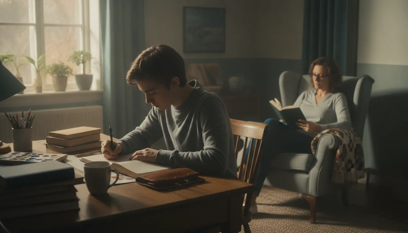 A teenager writing in a journal while a parent reads nearby in a peaceful home setting