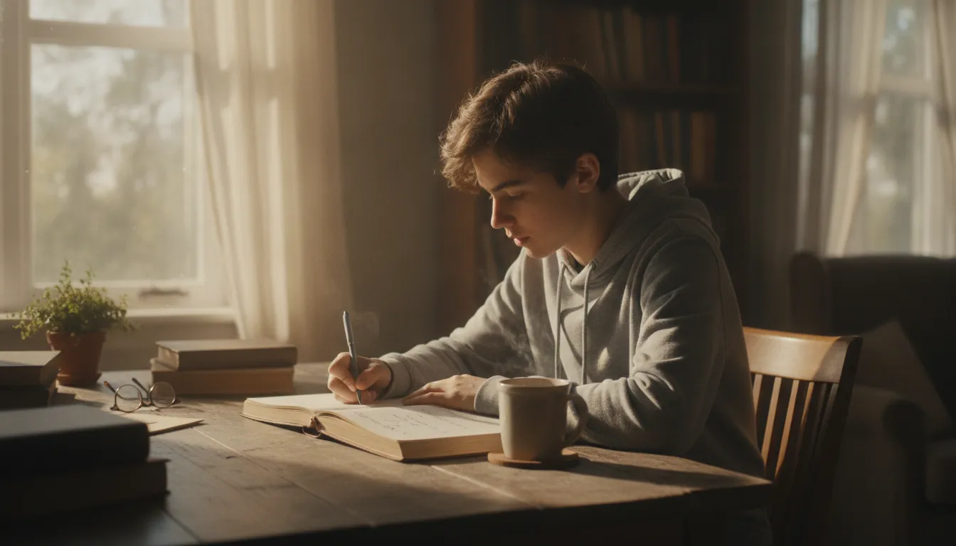A teenage boy writing in a journal at a desk with morning light coming through the window