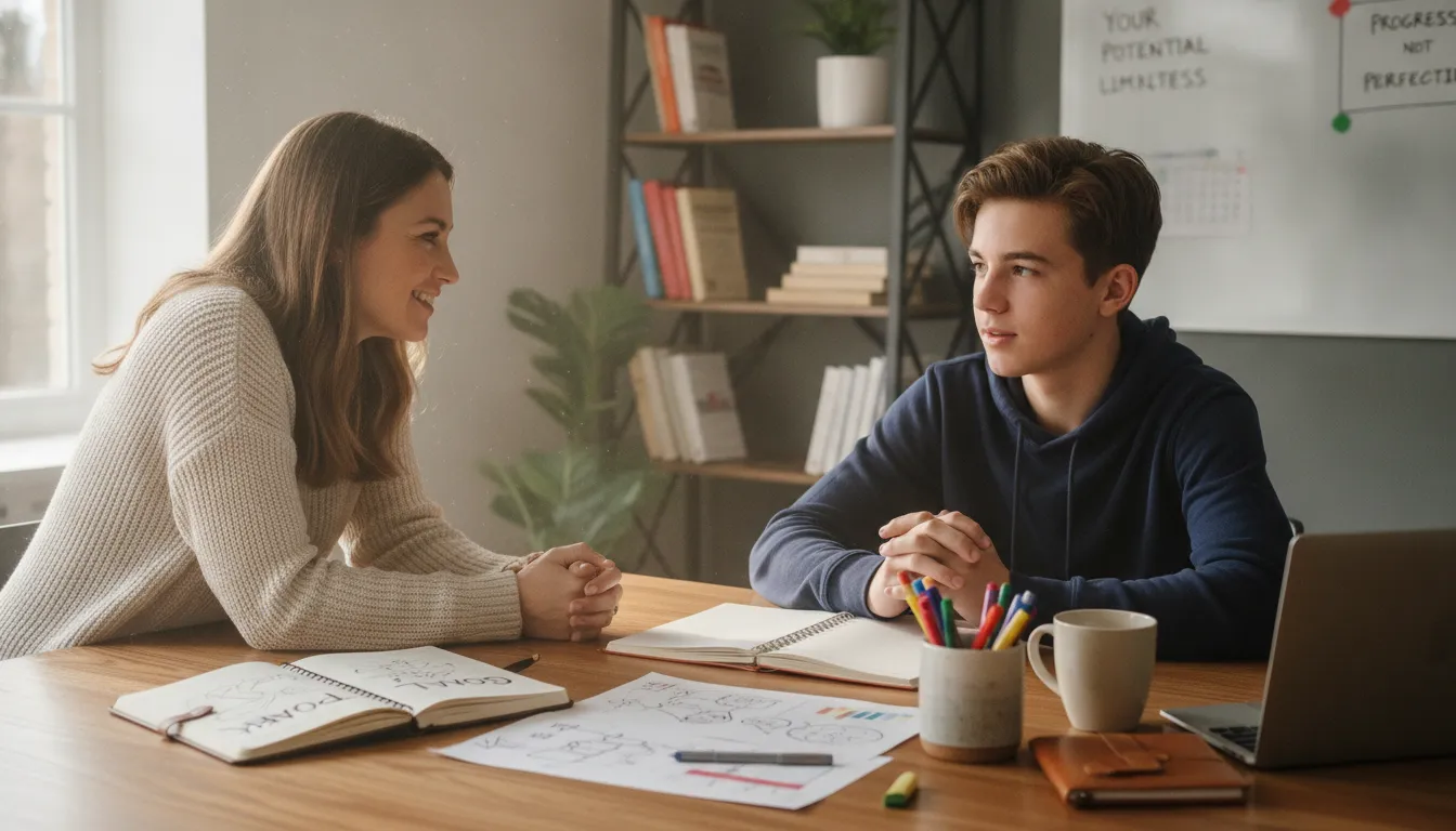 Teenage boy working with a coach at a table with notebooks and planner, supportive mentoring atmosphere