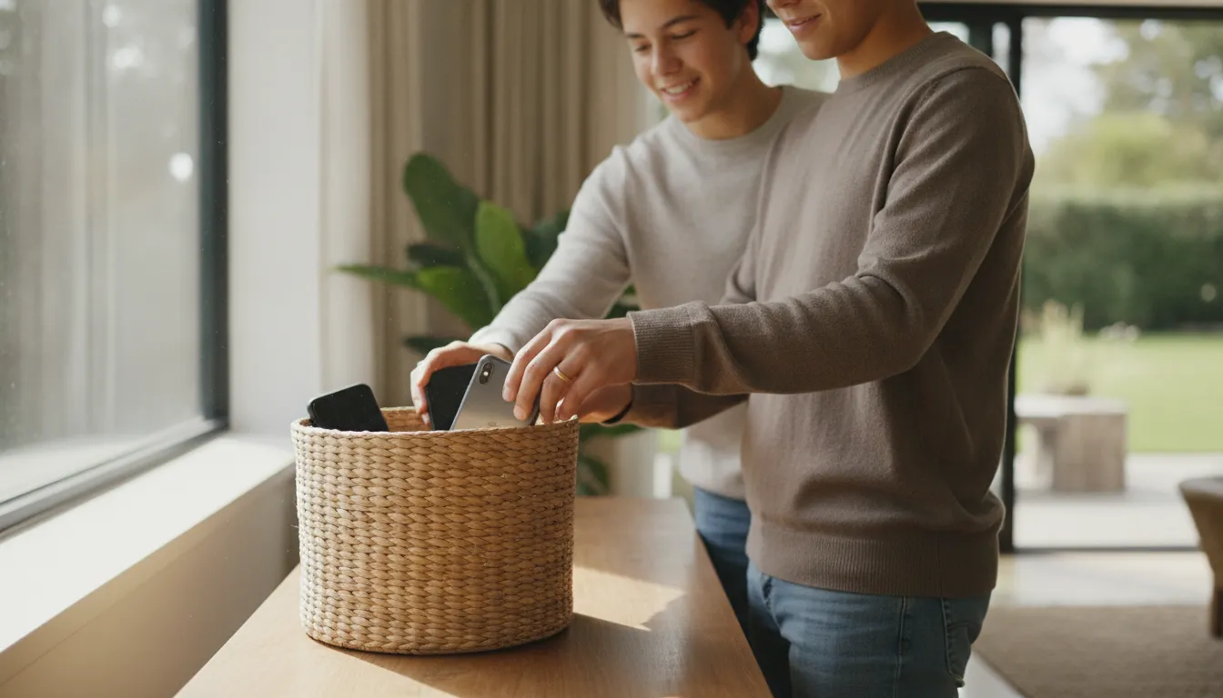 Parent and teenager calmly creating a family screen reset plan together