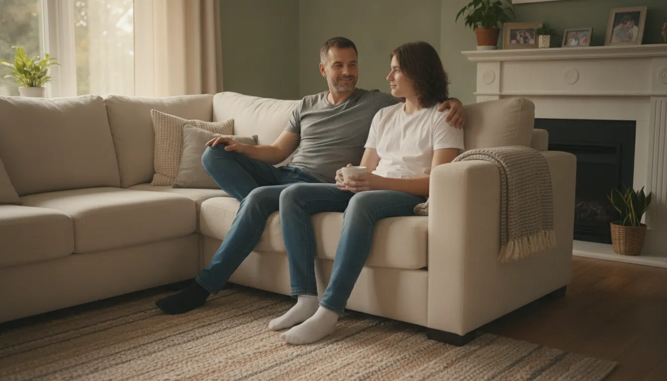 A calm parent and teenager having an open, understanding conversation on a living room couch