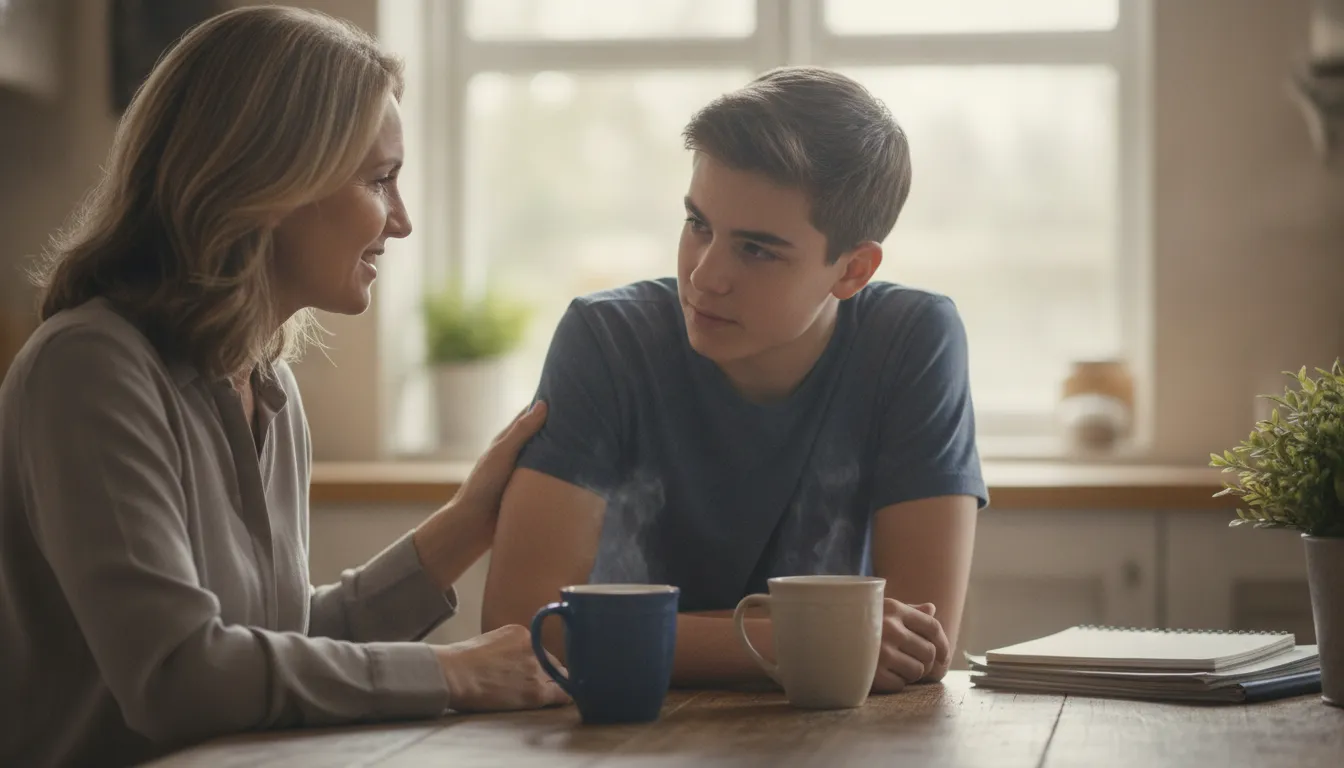 Parent and teenager discussing supportive self care goals together