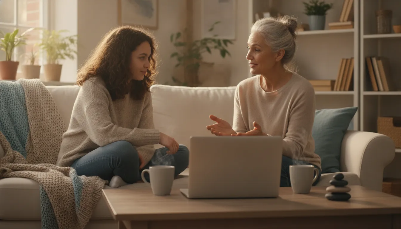 Teen talking with a life coach in a bright living room