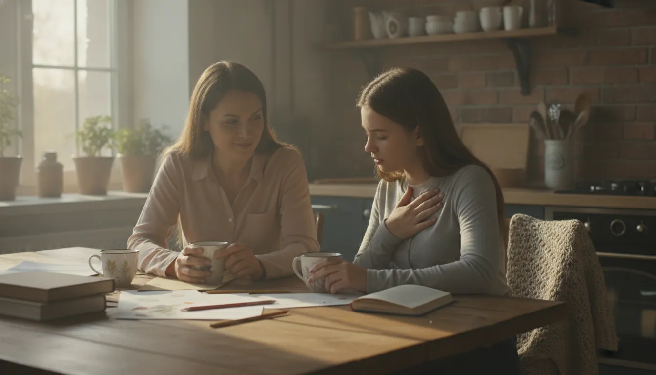 Parent and teenage daughter sitting at a kitchen table having a calm conversation about feelings