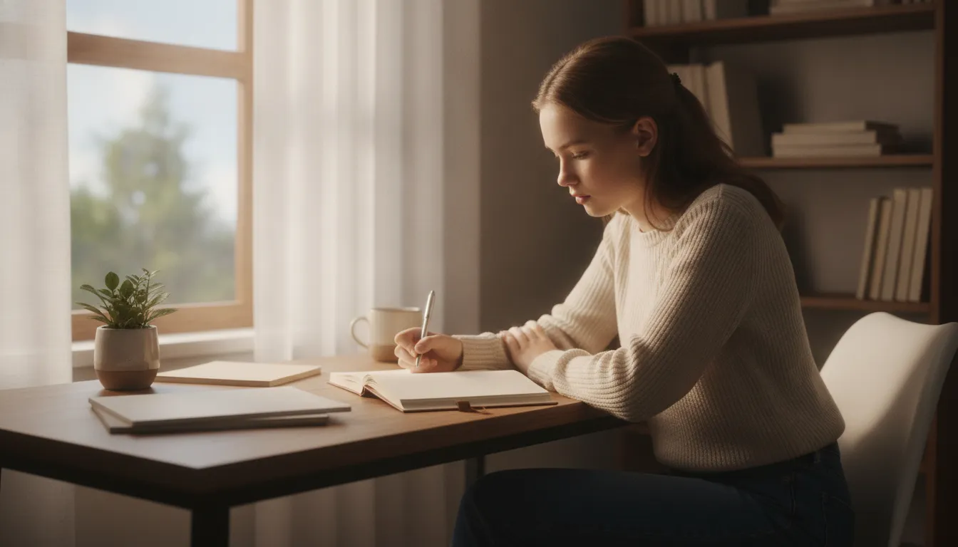 Teenager writing goals in a journal at a desk in a bright room