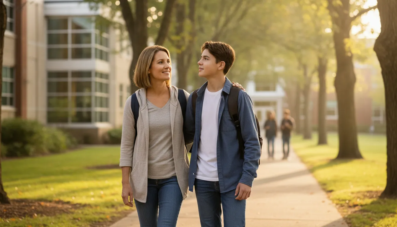 Parent and teenager talking through supportive first steps for school refusal