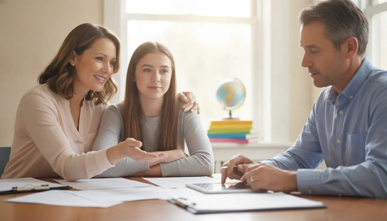 Parent, teen, and school professional partnering on a school refusal support plan