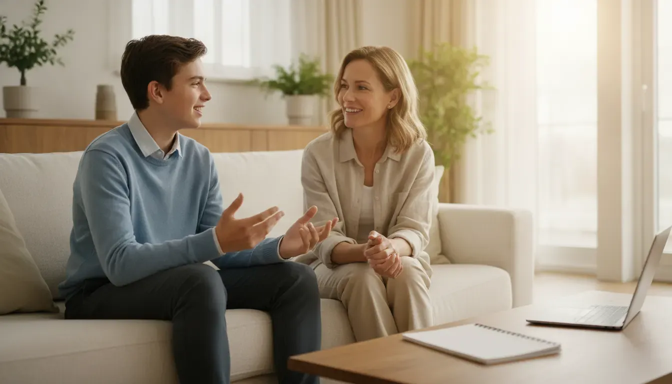 Teen practicing confident communication with a supportive parent at home