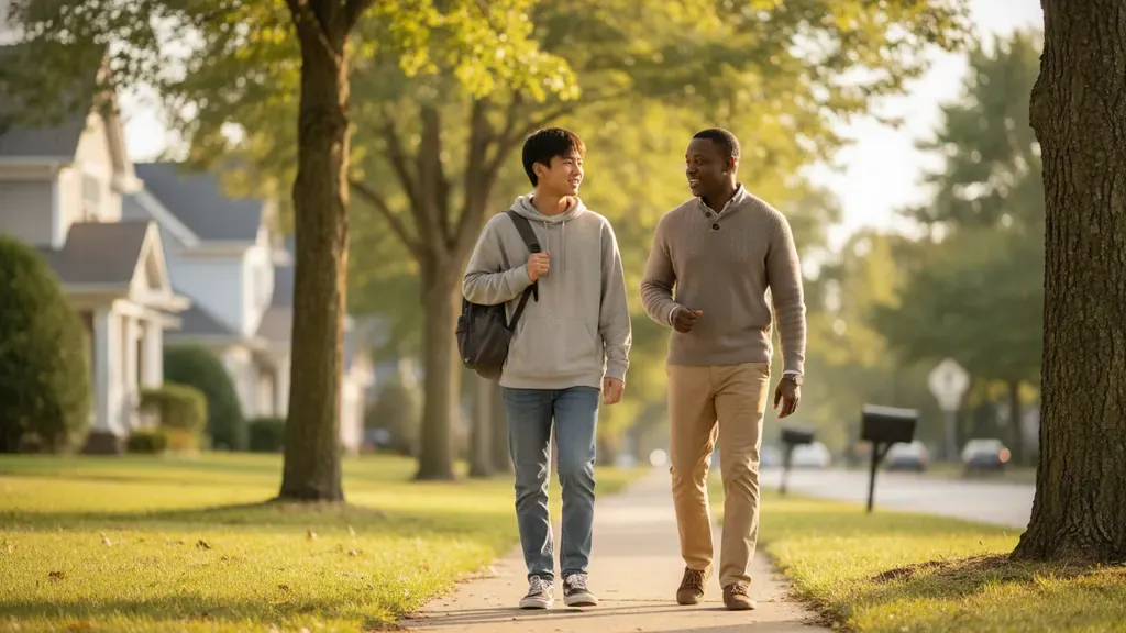 Teen and parent taking a restorative walk after a demanding school day