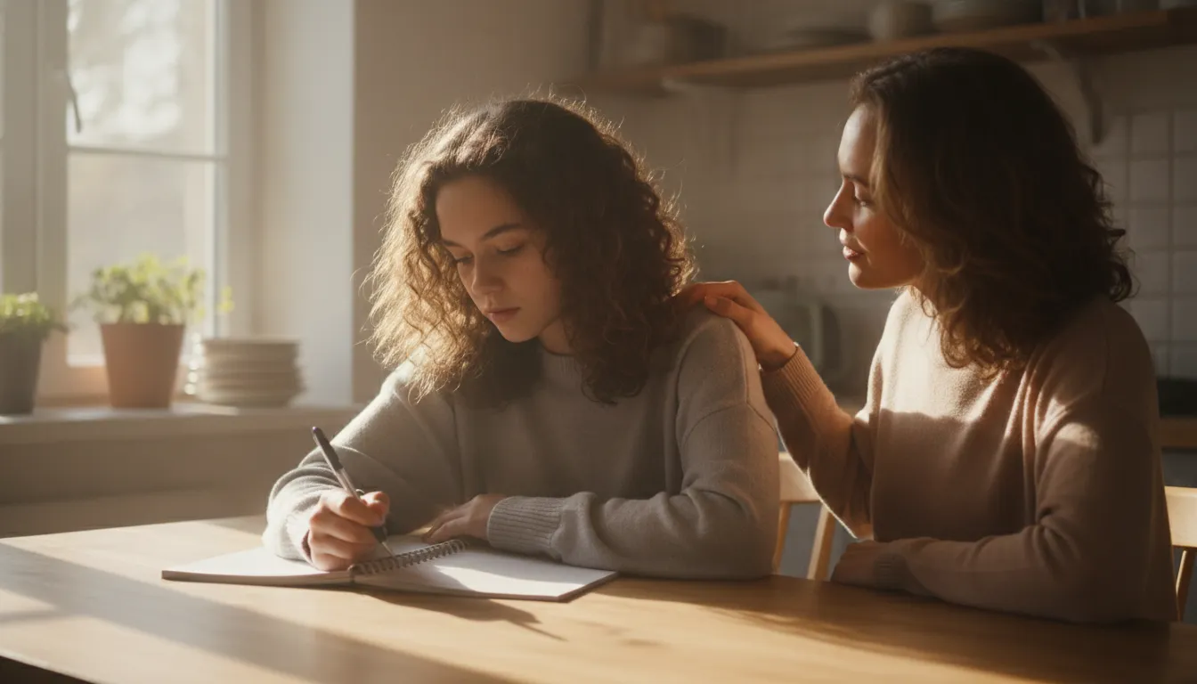 A mother supporting her teenage daughter while she works on a notebook at a sunlit kitchen table