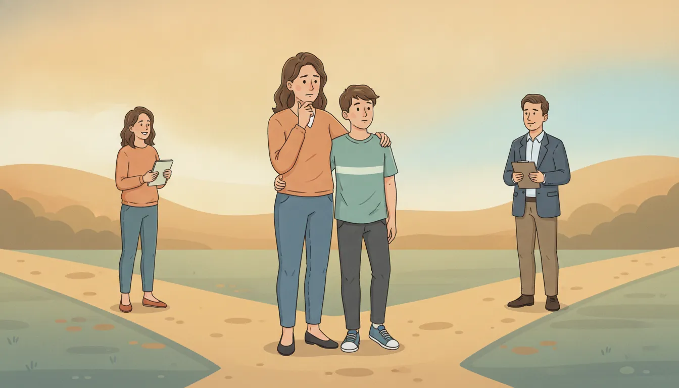 Parent and teen considering life coaching and therapy support