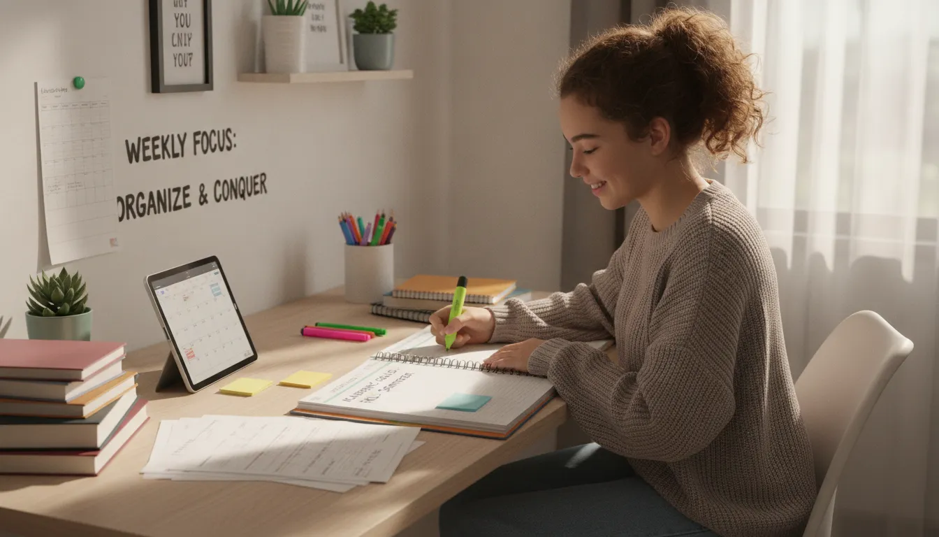 Teenage girl using a planner to organize school assignments at her desk, bright natural light, focused and empowered