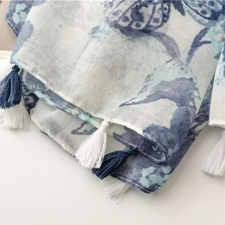 Thumbnail: Boho Style Floral Print Scarf with Tassel Details