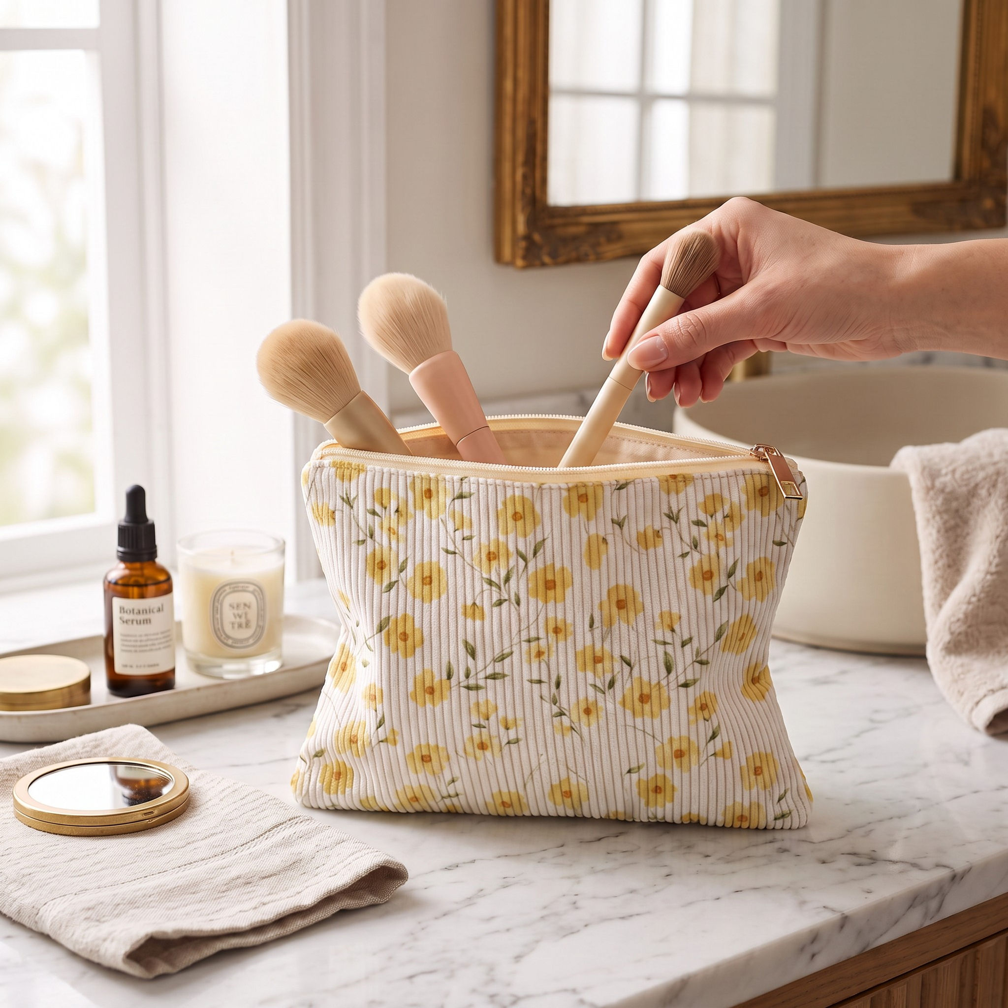Marigold Blooms Corduroy Lined Makeup Cosmetic Bag