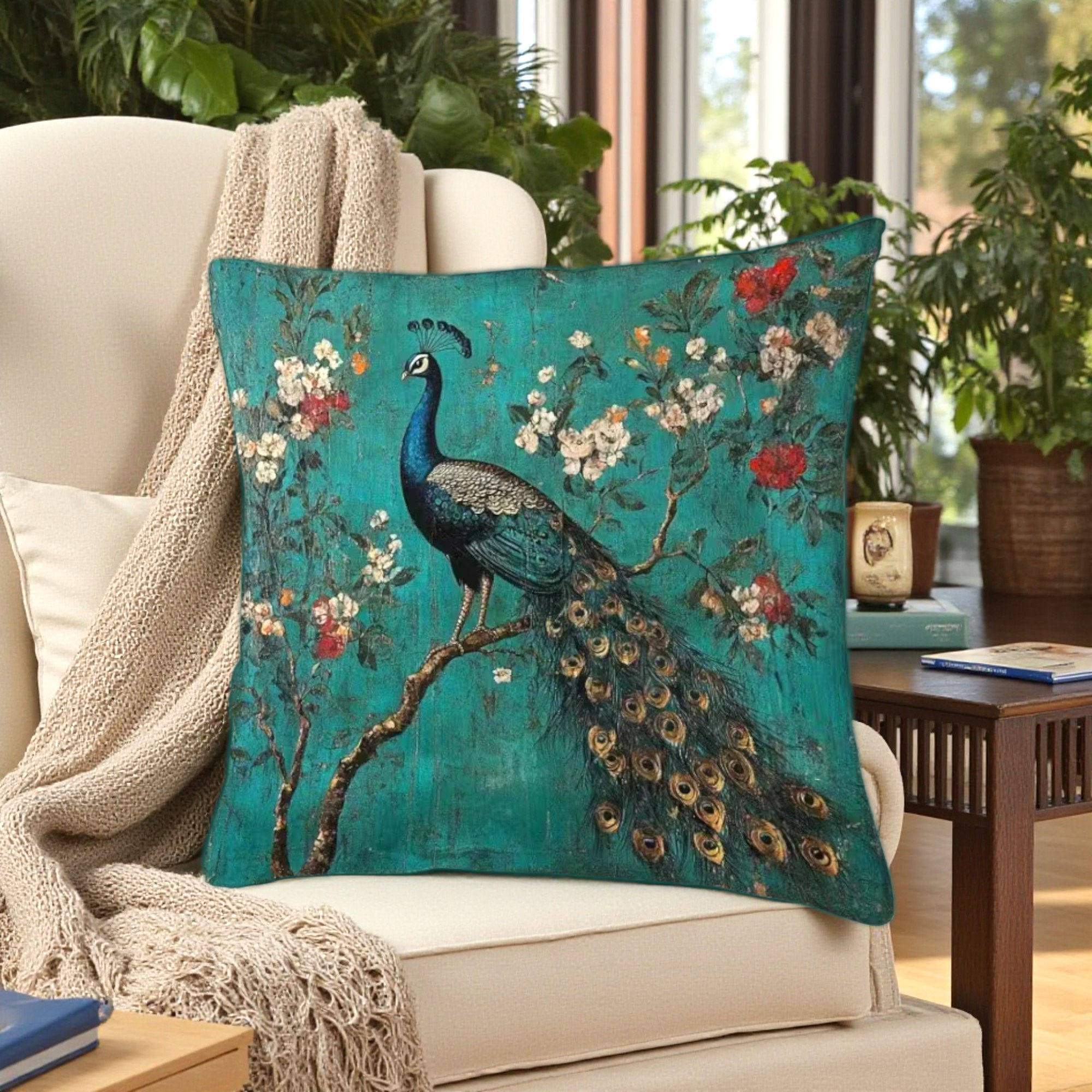 Vintage Chinoiserie Peacock & Floral Cushion - Teal