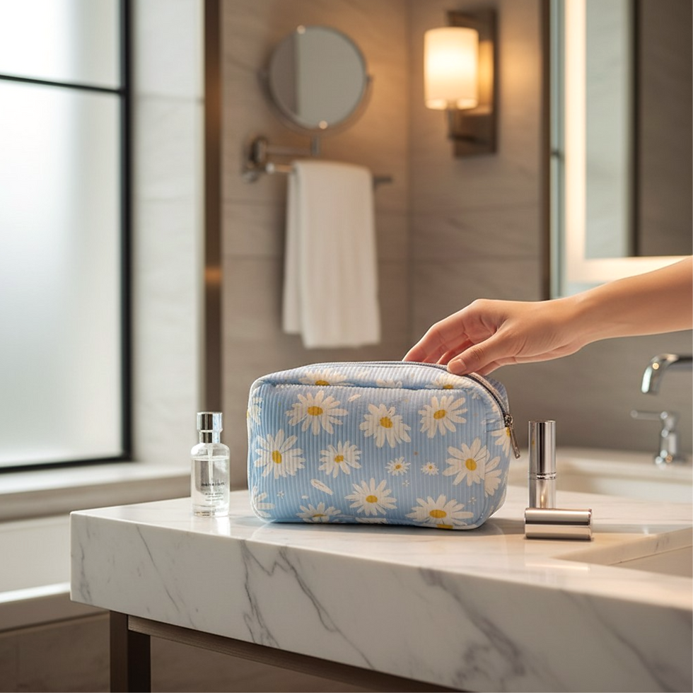 Pikkukuva: Daisy Blue Corduroy Lined Makeup Cosmetic Bag