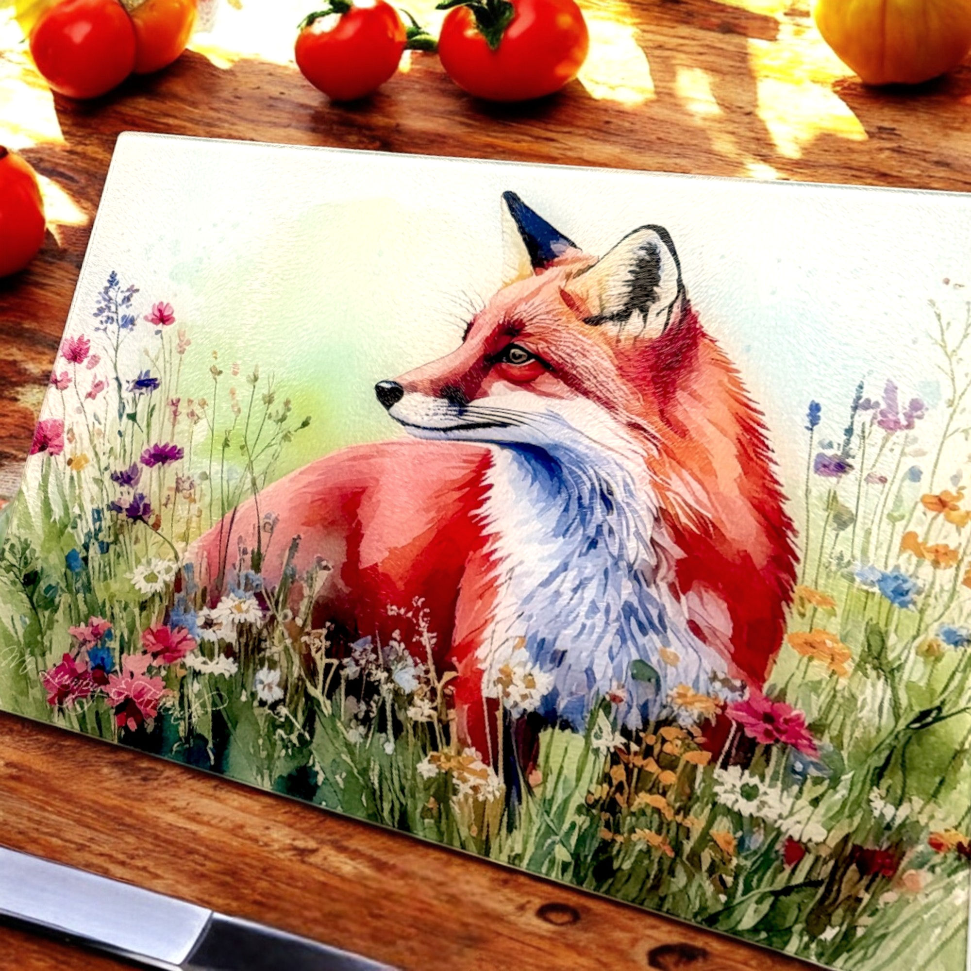 Flower Meadow Fox Glass Cutting Board