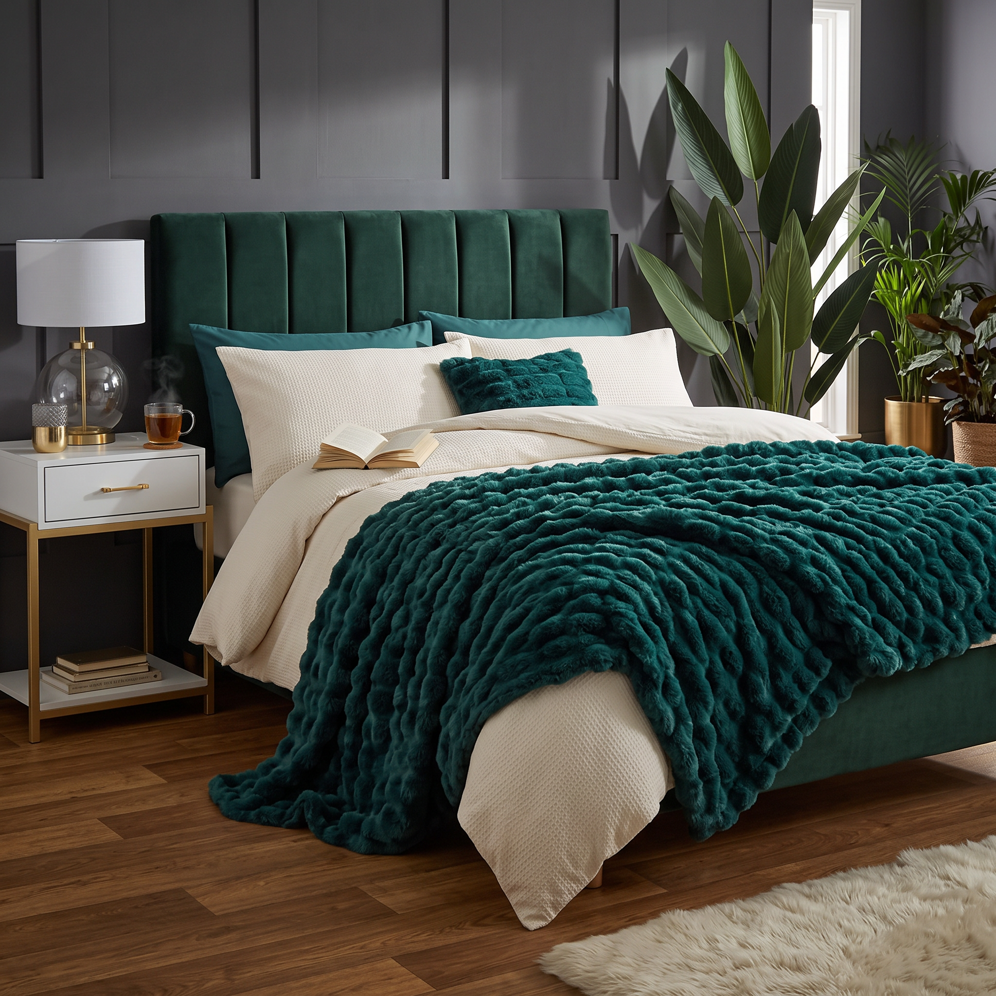 Ribbed Faux Fur Throw Blanket - Racing Green