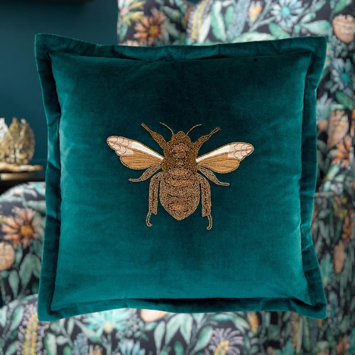 Layla Embroidered Soft Velvet Cushion with Beaded Design Teal MrLumpy&Friends