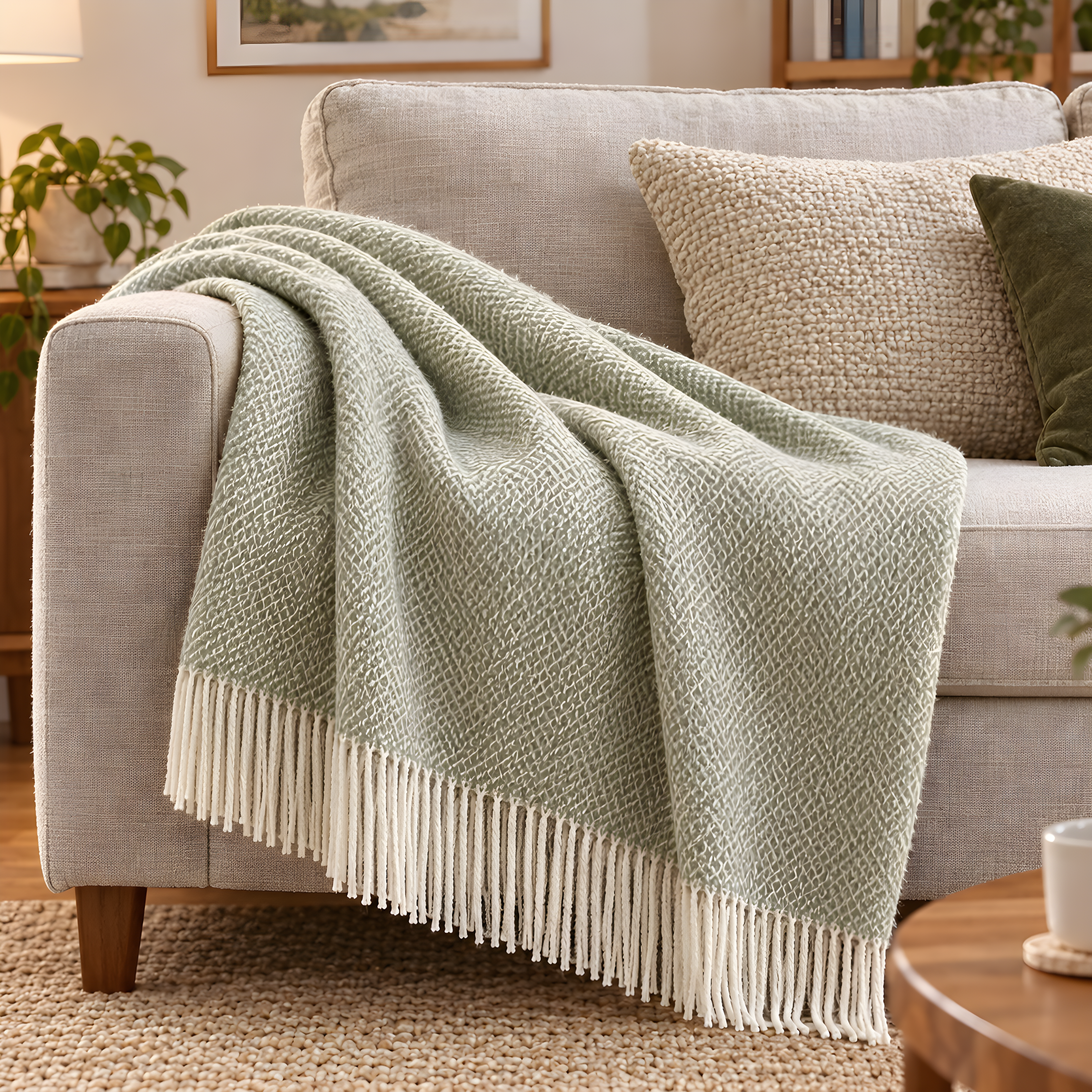 Luxurious Faux Mohair Herringbone Throw - Green