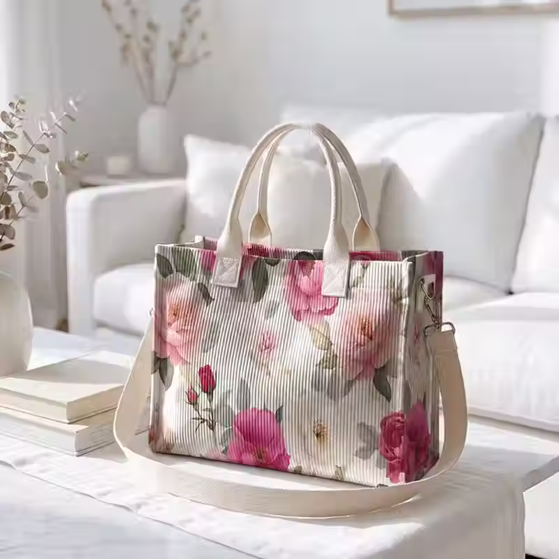 Miniature : Chic Colourful Pink Flowers Corduroy Lined Day Bag