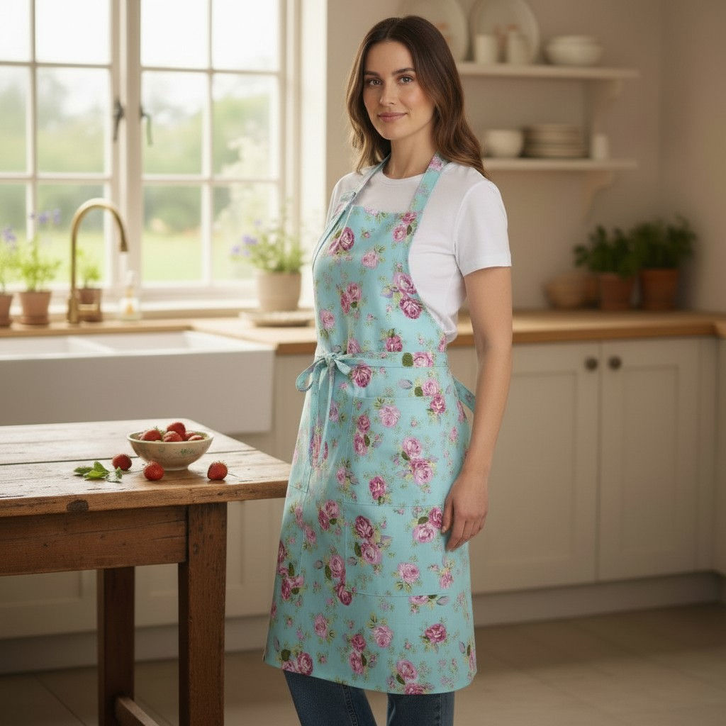 Climbing Rose Apron - Aqua Marine