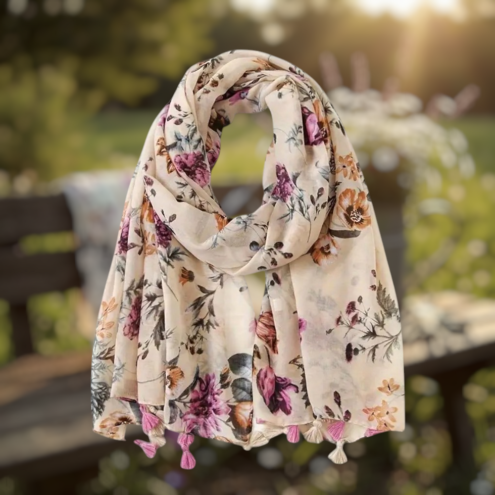 Miniatură: Boho Style Floral Print Scarf with Tassel Details