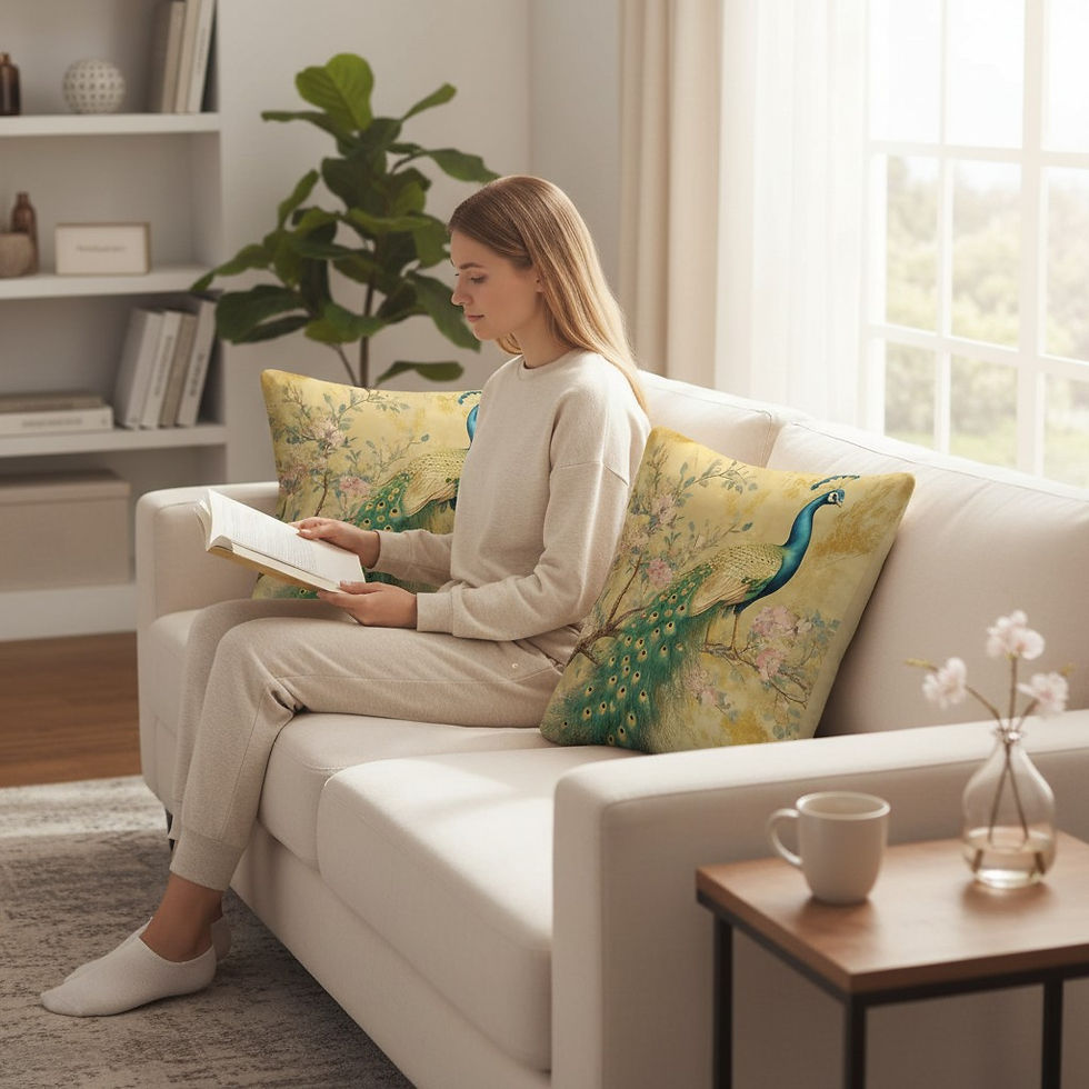 Miniatură: Chinoiserie Peacock Cushion - Champagne