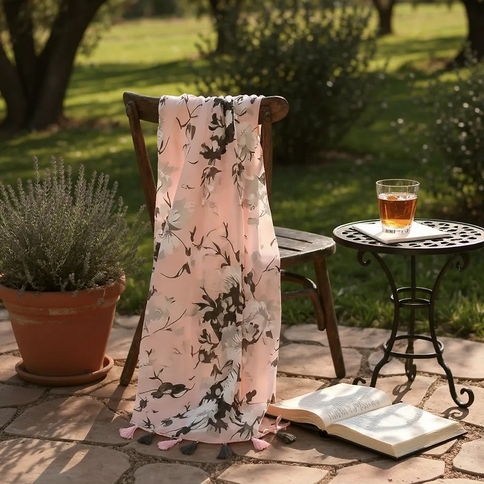 Thumbnail: Boho Style Floral Print Scarf with Tassel Details