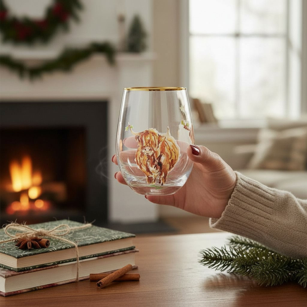 Highland Cow Festive Stemless Glass