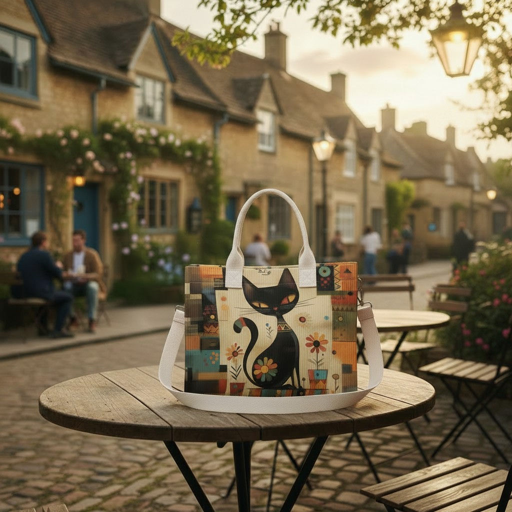 Chic Black Cat Corduroy Lined Day Bag
