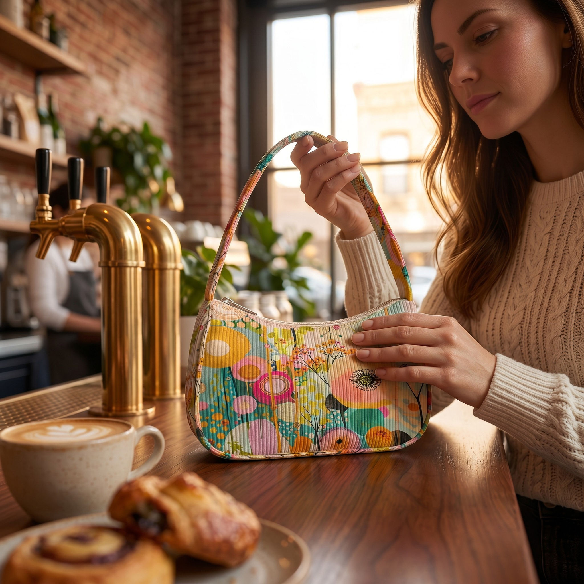 Chic Floral Lined Corduroy Shoulder/ Underarm Bag