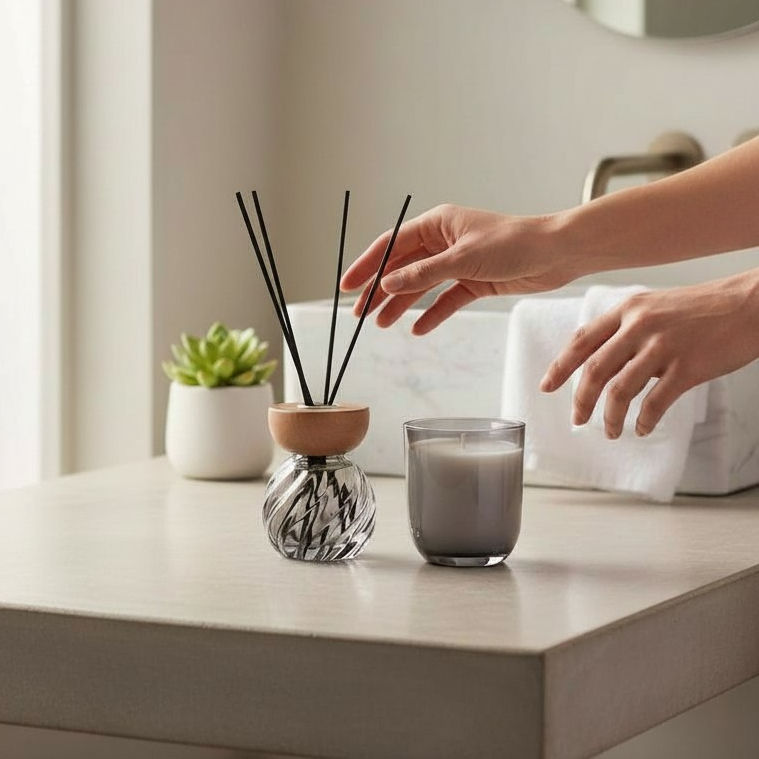 Miniaturebillede: Swirl Glass Diffuser & Candle Set - French Linen