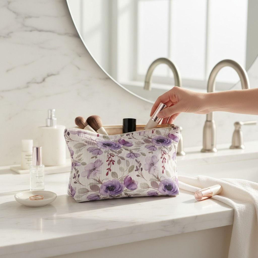 Purple Floral Corduroy Lined Makeup Cosmetic Bag