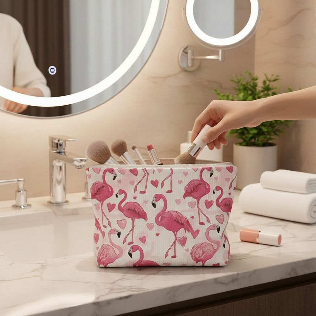 Pink Flamingo Corduroy Lined Makeup Cosmetic Bag