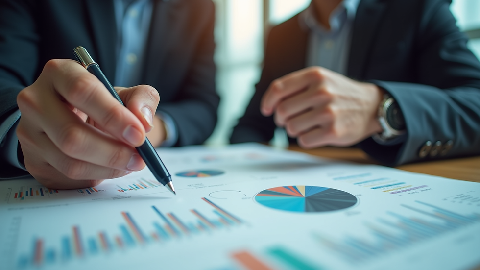 Close-up view of a financial advisor explaining charts to a startup founder