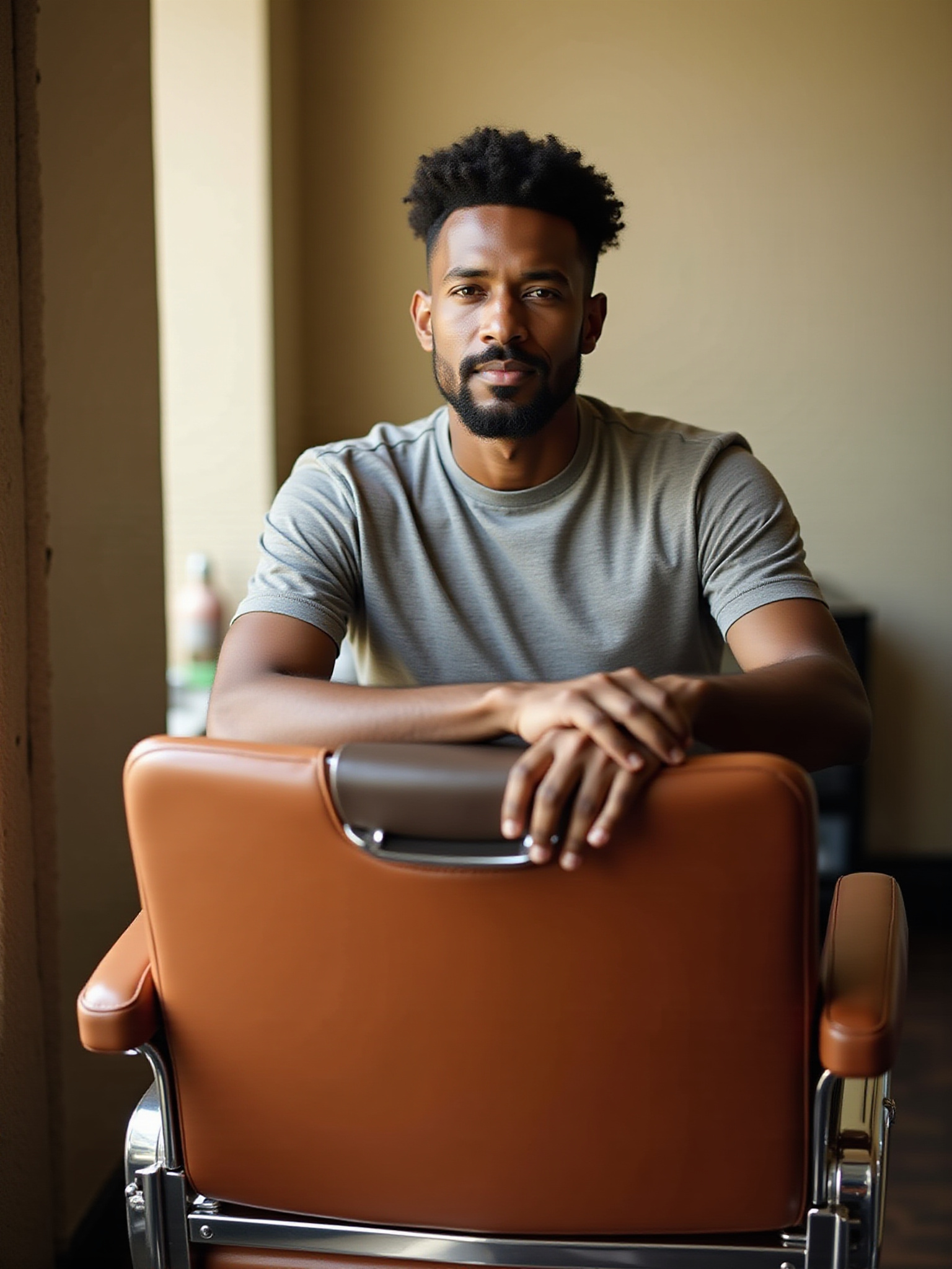 man leaning on barber chair looking in forward direction